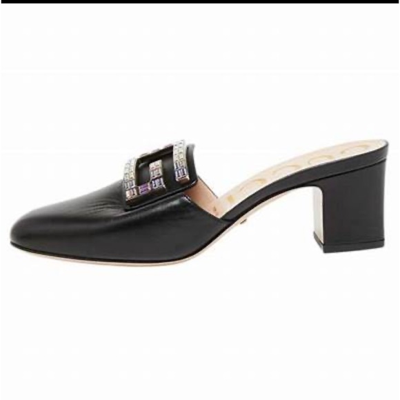 GUCCI CRYSTAL G MULES IN BLACK LEATHER WITH 2” WRAPPED BLOCK HEEL SIZE US 8 1/2 - Picture 4 of 8